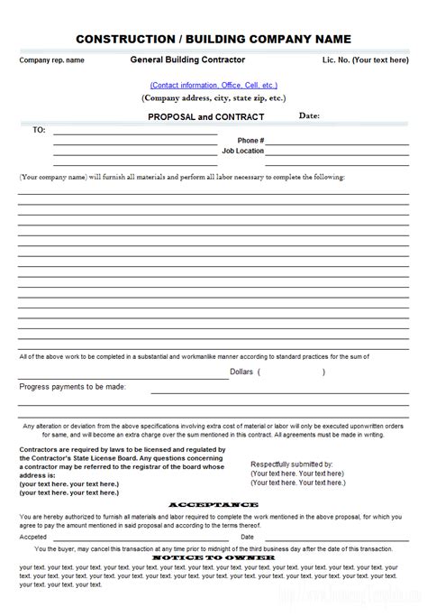contractor bid template  printable documents