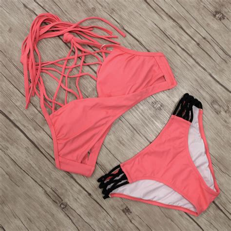 Sexy Vintage Bikini Set Pink Women Swimwear Female 2018 Cross Bandage