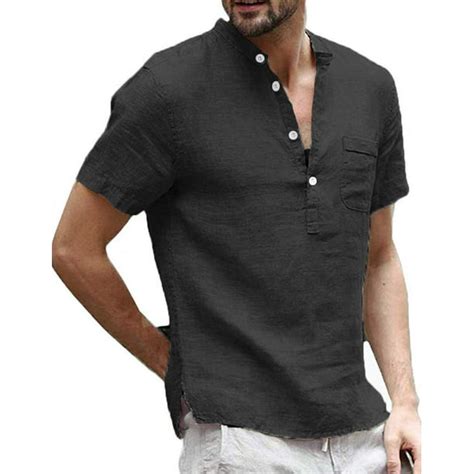 sysea mens henley shirt short sleeve linen banded collar  neck summer beach  shirt blouse