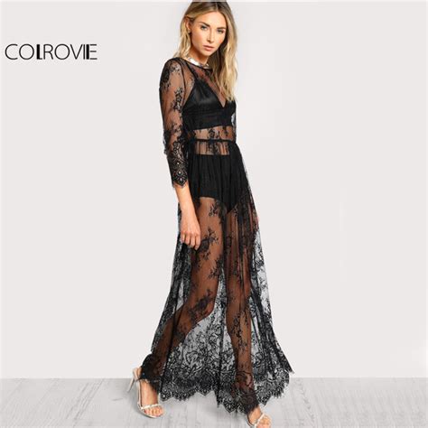 colrovie black sheer floral lace maxi dress high waist sexy women buttoned split back party