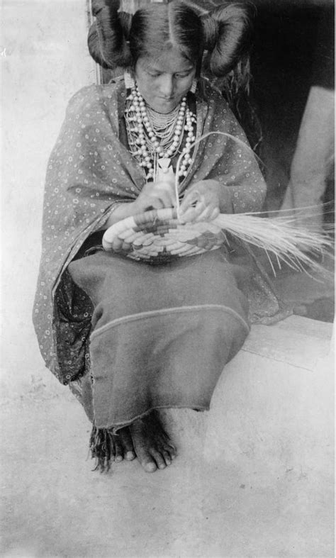 Portrait Of Unidentified Native American Woman Hopi Weaving A Basket