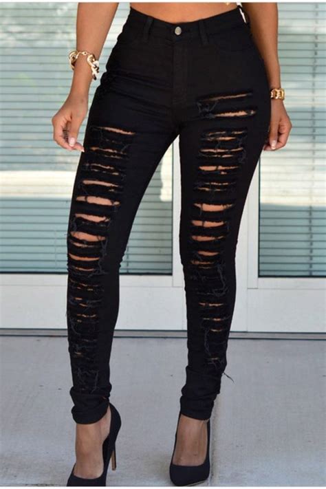 high quality women high waist black ripped skinny jeans