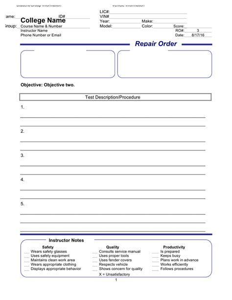 repair order template  word   formats page