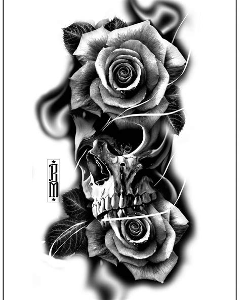 skull roses rose tattoo design digital blackandgrey