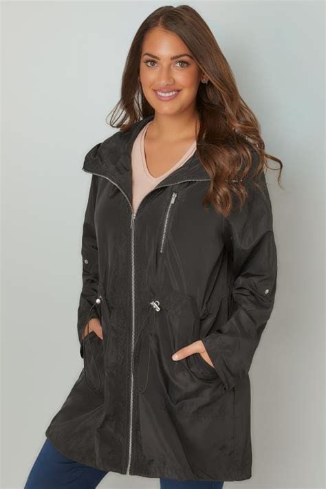 black minimalist parka jacket with high zip up neck plus size 16 to 36