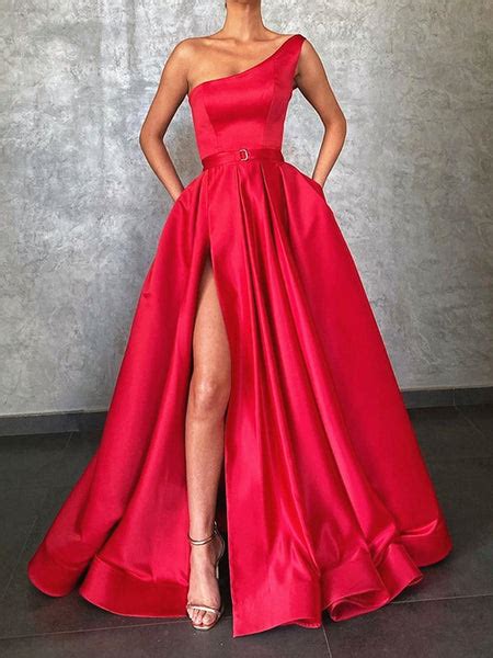 One Shoulder Red Satin Long Prom Dresses One Shoulder Red Satin Forma