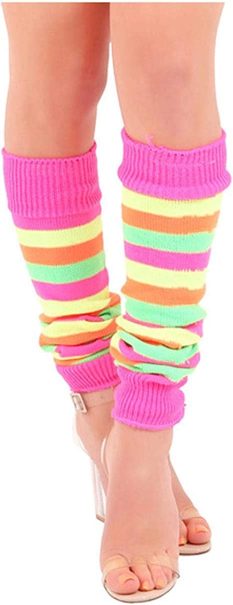 New Womens Rainbow Florescent Stripe Leg Warmer 80 S Teen Fancy Dress