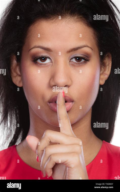 Secret Woman Finger On Lips Teen Girl Mixed Race Showing Hand Silence