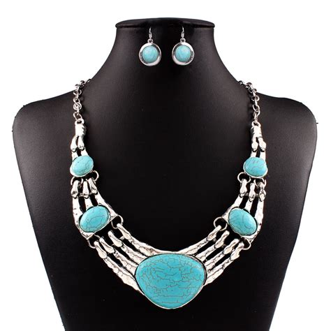 vintage turquoise pendant necklace  earrings jewelry sets tibetan silver plated fashion