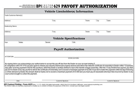 Authorization For Payoff Bpi Dealer Supplies