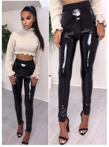 thefound new leather disco pants sexy women ladies black vinyl pvc wet
