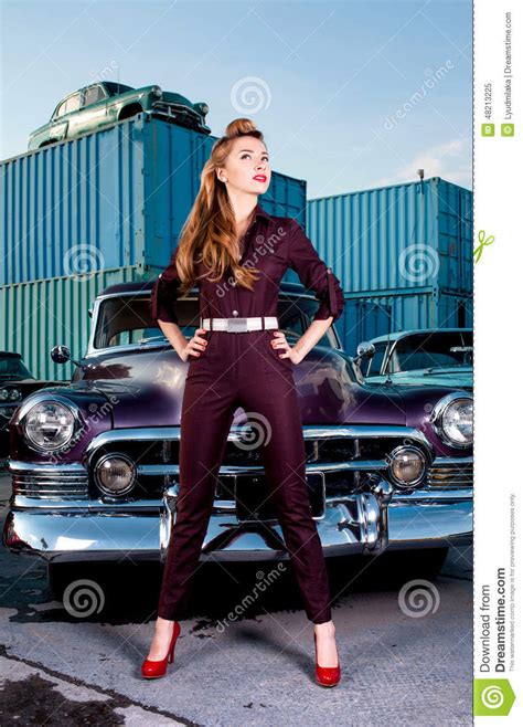Pin Up Girl Standing Near A Retro Car Stock Image Image