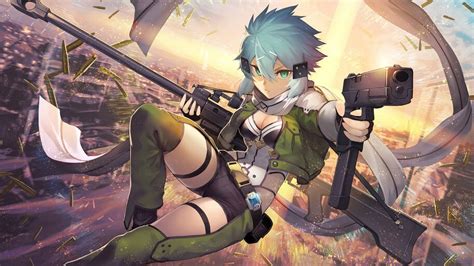 Sinon Ggo Sao Anime Girl Psitol Sniper Rifle 4k