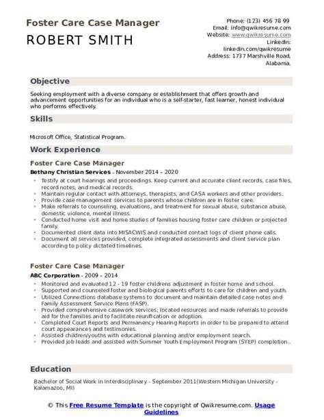 Foster Care Case Manager Resume Samples Qwikresume