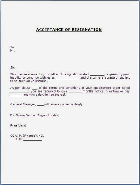 acceptance  resignation letter