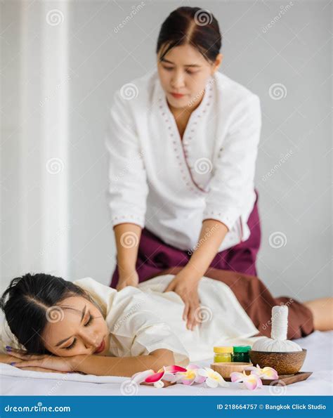 beautiful asian lady lying relaxedly and enjoy thai massage thai