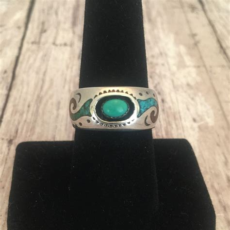 Vintage Southwestern Oval Turquoise Ring Marked Sterling Coral And