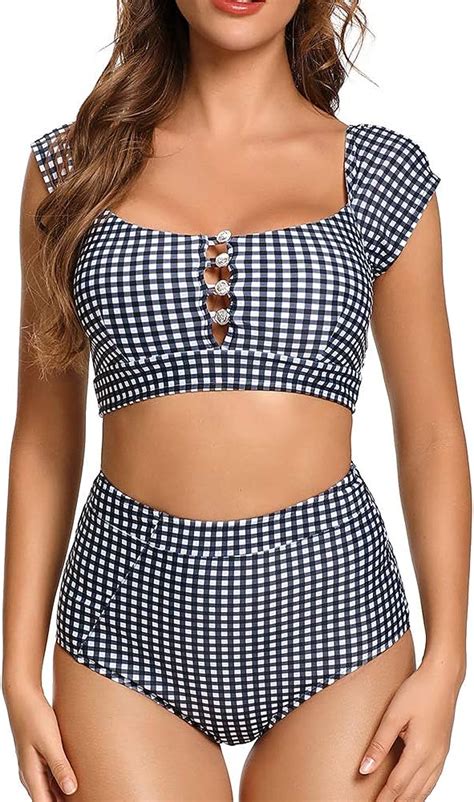 Dixperfect Women S Retro High Waisted Bikini Two Pieces Swimsuits 50s