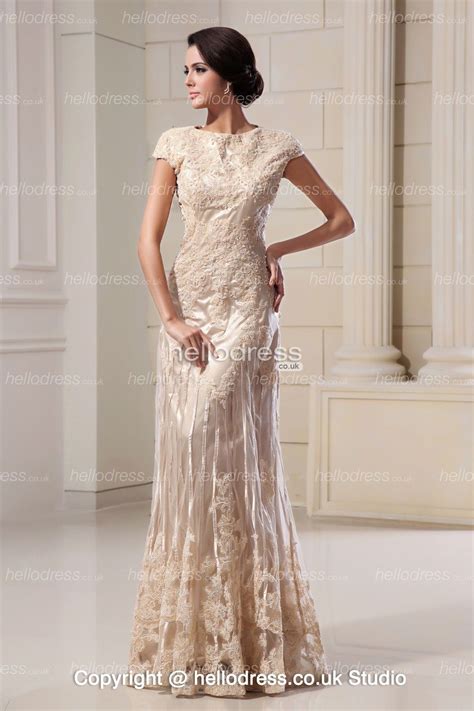 Elegant Lace Champagne A Line Long Short Sleeves Wedding Gown Wedding