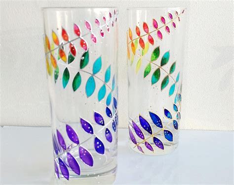 Rainbow Drinking Glasses Set Of 4 Hand Painted Colored