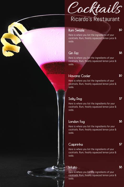 printable cocktail menu template design red cocktail menu menu