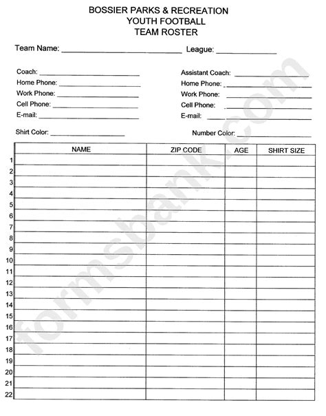 youth football team roster template printable