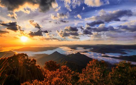 nature landscape  view mountains clouds sky forest sunset river