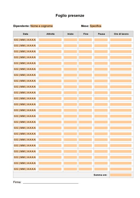 foglio presenze settimanale modello