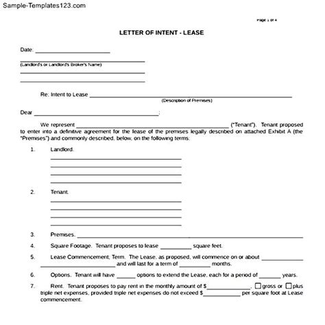 letter  intent real estate lease sample templates sample templates
