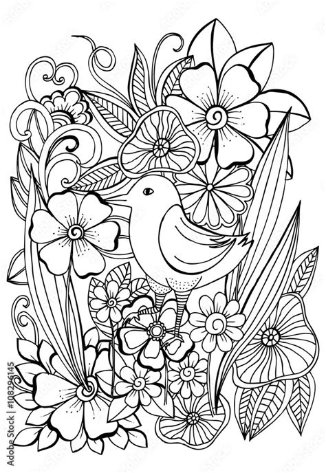 bird  gardencontrasted adult coloring page  flowers  leaves