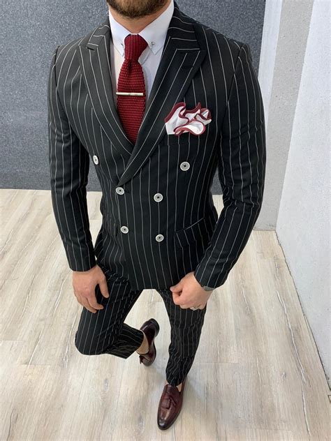 buy black slim fit double breasted pinstripe suit  gentwithcom