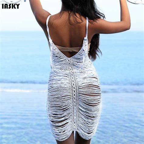 Iasky 2019 New Crochet Tassel Beach Dress Sexy Women See Through Bikini