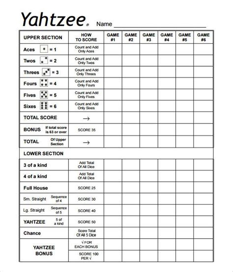 yahtzee score sheet templates  sample  format
