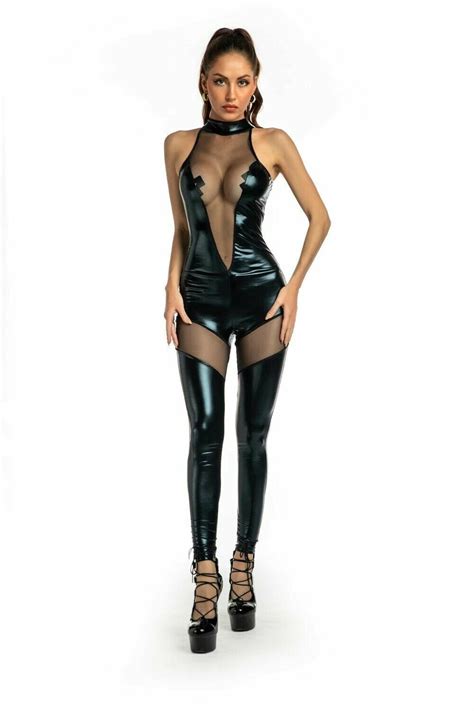 Women Pu Leather Sleeveless Wet Look Catsuits Hollow Out Bodysuit Shiny