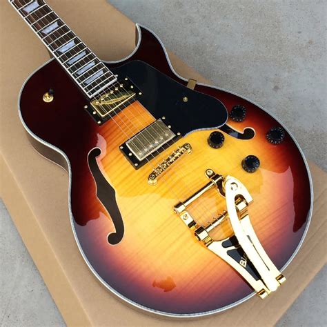 jazz electric guitar gold bigsby guitar double sided tiger stripes semi hollow body archtop