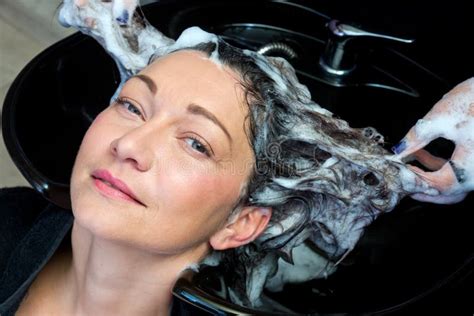 Mature Woman Washing Her Hair Stock Image Image Of Long Cosmetics