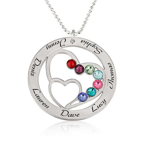 personalized heart necklace  simulated birthstones mother necklace engraved necklace
