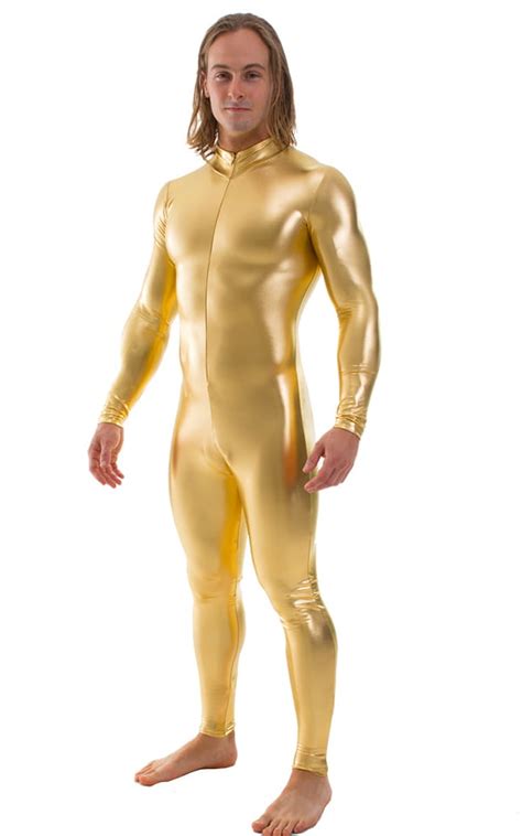 full bodysuit zentai lycra spandex suit for men in metallic liquid gold