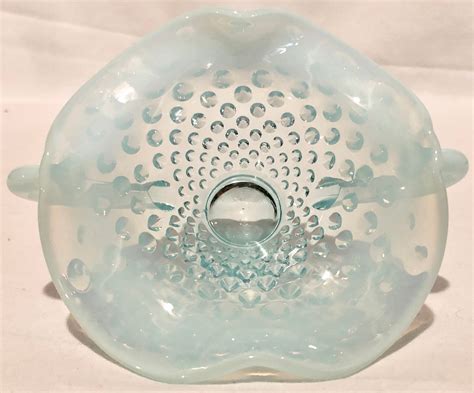 Fenton Blue Opalescent Vintage Hobnail Footed Glass Bowl With Handles