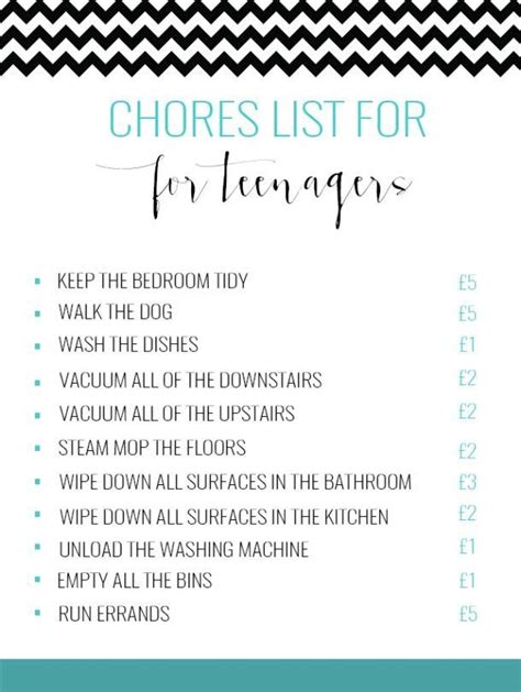 chores list  teenagers   pay  chores list   teenager