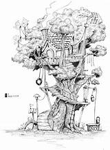 Treehouse Dessin Baumhaus Steampunk Coloriage Collage Trippy Architecturedrawing sketch template