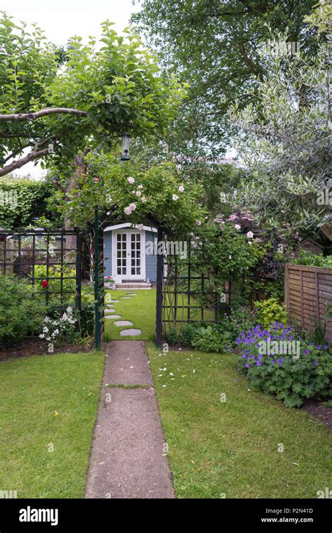 small english suburban  garden  garden cabin stock photo alamy