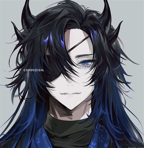 anime black blue hair demonstrate eyepatch horns blue eyes anime male
