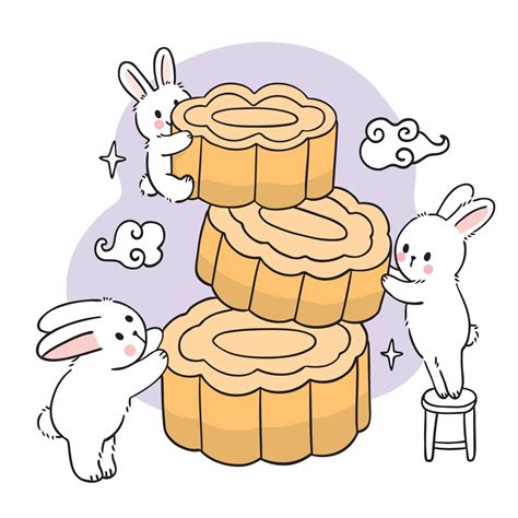 cartoon cute mid autumn festival white rabbits  moon cake vector