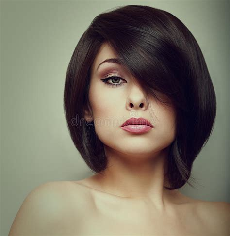 makeup beautiful woman face with short hair style stock