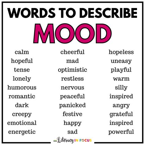 mood words anchor chart literacy  focus