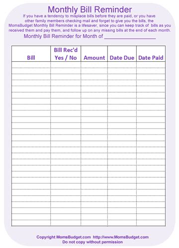 monthly bill reminder worksheet printable  worksheet budgeting