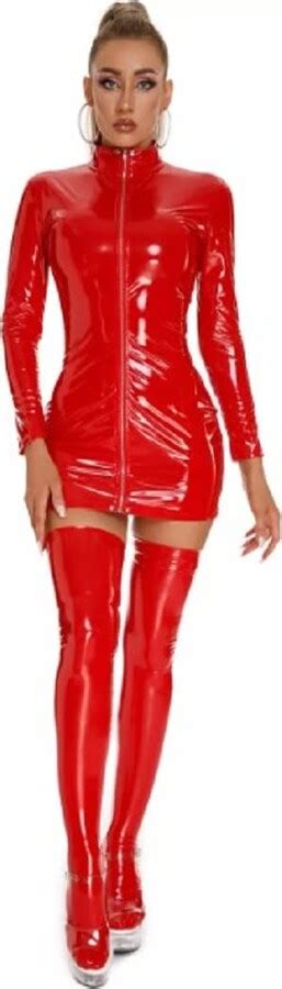 Generic Top Totty Adamski Red Sexy Wet Look Leather Zipper Long Sleeves