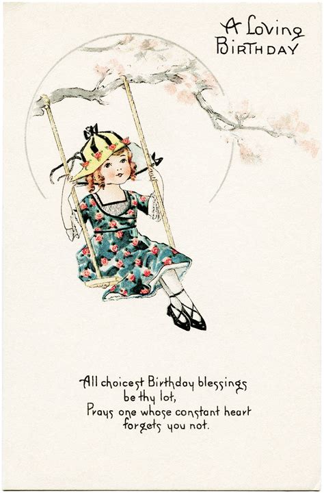 Free Vintage Postcard Old Birthday Card Girl On Swing