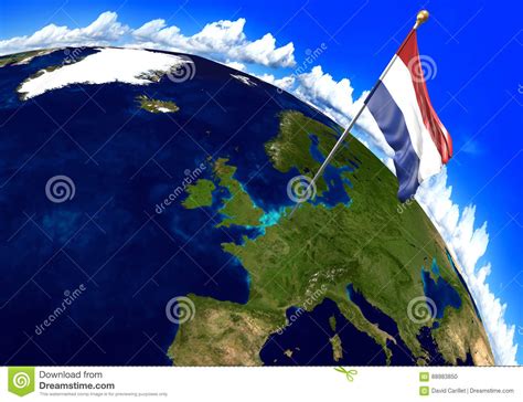 netherlands national flag marking  country location  world map  rendering stock